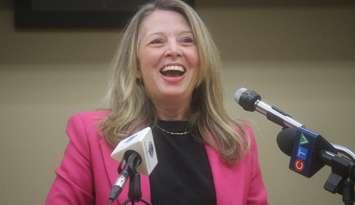 Ontario NDP Leader Marit Stiles speaks at the Unifor Local 195 Hall in Windsor, January 18, 2023. Photo by Mark Brown/WindsorNewsToday.ca.