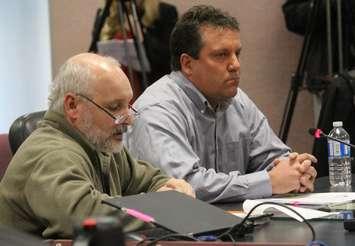 CUPE Local 82 Vice President Chad Goebel and President Rob Kolody speak to council regarding the outsourcing of caretakers, March 7, 2016. (Photo by Maureen Revait) 
