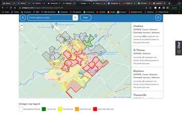 Power outage in Chatham. February 10, 2023. (Photo courtesy of Entegrus' Outage Map). 