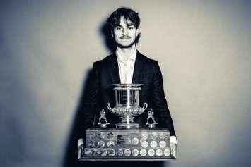 Wyatt Johnston shows off the Red Tilson Trophy for the OHL's Most Outstanding Player, June 7, 2022. Photo courtesy Windsor Spitfires/Twitter.