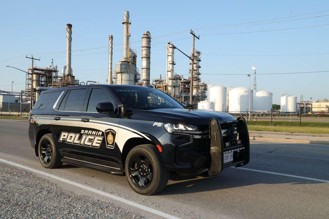 Sarnia police cruiser in industrial area. Photo courtesy of the Sarnia Police Service. 