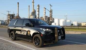 Sarnia police cruiser in industrial area. Photo courtesy of the Sarnia Police Service. 