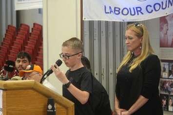 Joshua Goldthorpe, a student with autism, speaks as his mother, Janice Hunter-Desjarlais, looks on at the Unifor 444/200 hall in Windsor, June 7, 2019. Photo by Mark Brown/Blackburn News.