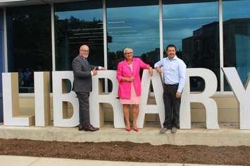 Essex County Warden Gary McNamara, left, Leamington Mayor Hilda MacDonald and Essex County Library chairman Nelson Santos after a media event showcasing the new Leamington branch of the Essex County Library, August 12, 2019. Photo by Mark Brown/Blackburn News.
