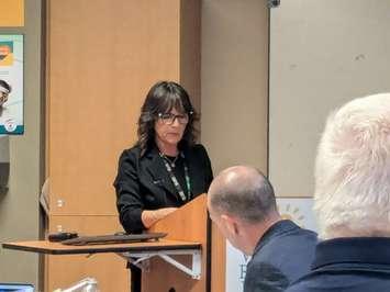 Windsor Regional Hospital Acting CEO Karen Riddell pauses while presenting to the hospital board during its meeting on July 18, 2024. Photo by Mark Brown/WindsorNewsToday.ca.