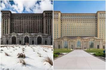 Before and after photos of the Michigan Central Station in Detroit. Photos courtesy Stephen McGee/Michigan Central Station.