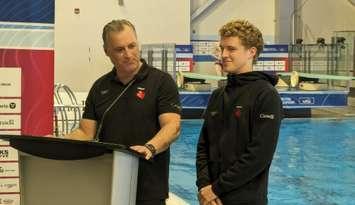 From left, Diving Canada Chief Technical Officer Mitch Geller and Canadian Olympic platform diver Rylan Wiens at the Windsor International Aquatic and Training Centre, May 15, 2024. Photo by Mark Brown/WindsorNewsToday.ca.