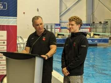 From left, Diving Canada Chief Technical Officer Mitch Geller and Canadian Olympic platform diver Rylan Wiens at the Windsor International Aquatic and Training Centre, May 15, 2024. Photo by Mark Brown/WindsorNewsToday.ca.