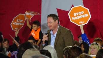 Essex MPP Taras Natyshak speaks during NDP Leader Tom Mulcair's visit to the Town of Essex, October 4, 2015. (Photo by Jake Kislinsky)