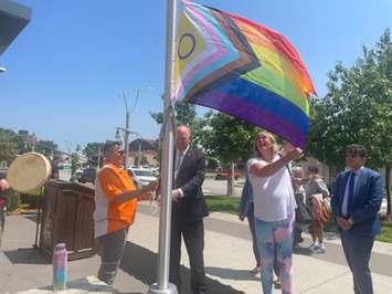 The 2SLGBTQIA+ flag raised at Windsor City Hall to mark the beginning of Windsor Essex Pride Fest, August 1, 2025. (Photo by Maureen Revait)