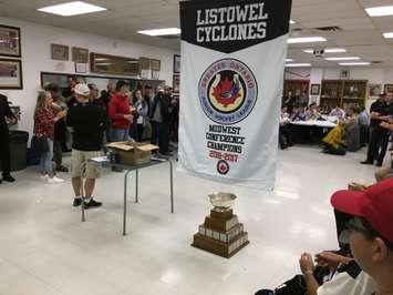 The Listowel Cyclones family gathers in the hall above the Memorial ice to celebrate their 2016-17 Cherrey Cup win with the new banner, the Cup, and their commemorative rings. September 15th, 2017. (Photo by Ryan Drury)