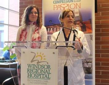 Monica Stanley, VP of the Regional Cancer and Renal Programs and Oncologist Dr. Carolyn Hamm announce a new service offered at the Windsor Regional Cancer Centre, March 8 2016. (Photo by Maureen Revait) 
