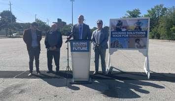 Mayor Drew Dilkens announces the opening of the EOI process for the Caron Avenue parking lot site, May 31, 2024. (Photo by Maureen Revait) 