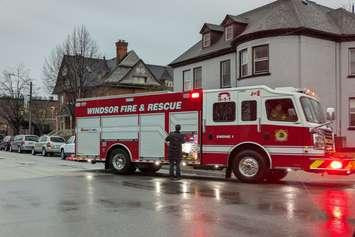 Windsor fire truck on Devonshire Road in Windsor, April 2, 2025. Photo by Mark Brown/WindsorNewsToday.ca.