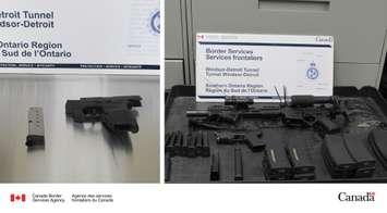 An assortment of confiscated weapons are shown at the Windsor-Detroit Tunnel, February 23, 2024. Photo courtesy Canada Border Services Agency SOR/X.