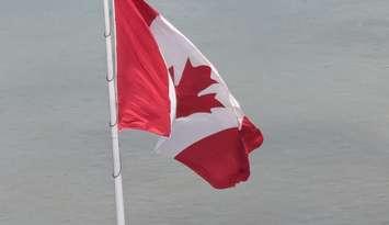 The Great Canadian Flag as seen from the CIBC Building in Windsor, April 17, 2024. Photo by Mark Brown/WindsorNewsToday.ca.
