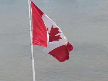 The Great Canadian Flag as seen from the CIBC Building in Windsor, April 17, 2024. Photo by Mark Brown/WindsorNewsToday.ca.