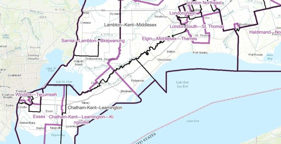 Current federal riding boundaries in black, proposed in purple. (Photo courtesy of the Federal Electoral Boundaries Commission)