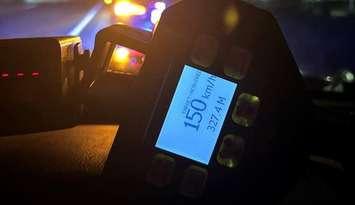 An OPP radar device showing a speed of 150 km/h is seen in Leamington on July 1, 2025. Photo provided by OPP West Region/X.