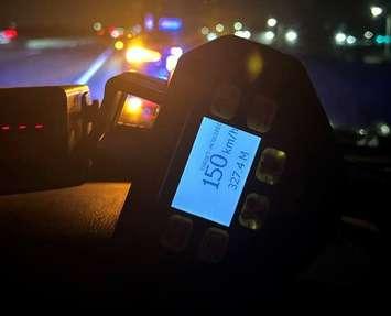 An OPP radar device showing a speed of 150 km/h is seen in Leamington on July 1, 2025. Photo provided by OPP West Region/X.