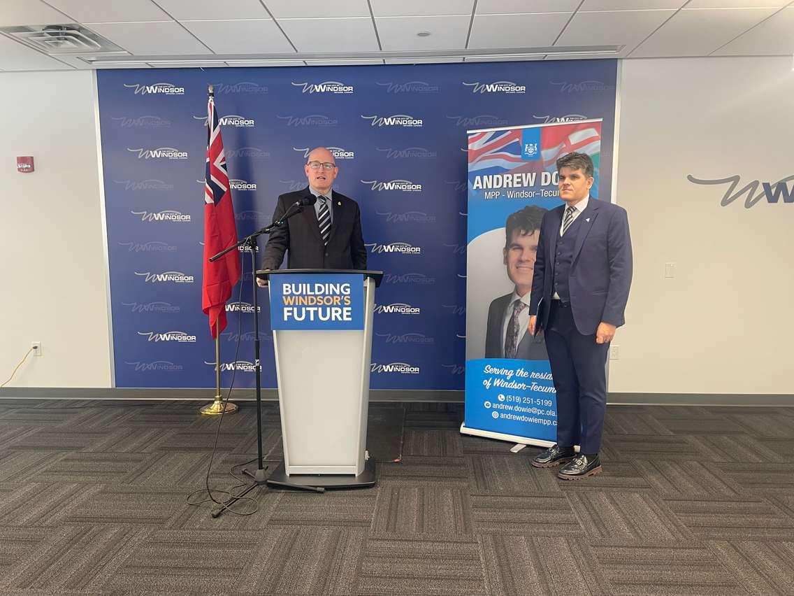 Windsor Mayor Drew Dilkens and Windsor-Tecumseh MPP Andrew Dowie, January 24, 2025. (Photo by Maureen Revait) 