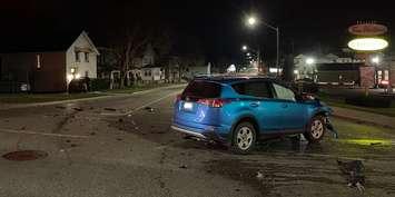 A vehicle damaged in a two-vehicle crash on Dundas Street at Mill Street in Woodstock, April 1, 2024. Photo provided by the Woodstock Police Service.