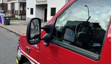 A Windsor Fire and Rescue vehicle sits near the scene of a suspected arson on Drouillard Road, May 29, 2025. Photo courtesy Windsor Fire and Rescue/X.