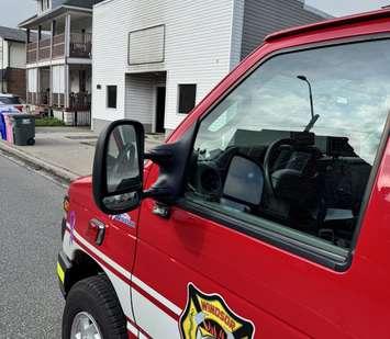 A Windsor Fire and Rescue vehicle sits near the scene of a suspected arson on Drouillard Road, May 29, 2025. Photo courtesy Windsor Fire and Rescue/X.