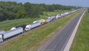 Traffic backed up on the Highway 402 approach to the Blue Water Bridge - July 15/25 (Photo courtesy of MTO)