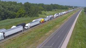 Traffic backed up on the Highway 402 approach to the Blue Water Bridge - July 15/25 (Photo courtesy of MTO)