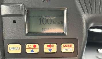 A radar device showing a reading of 100 kilometres per hour is seen on June 28, 2024. Photo courtesy LaSalle police.