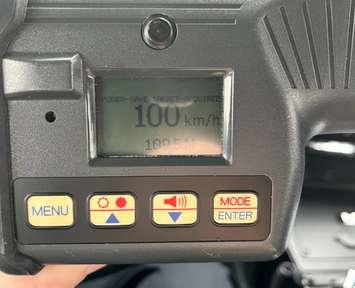 A radar device showing a reading of 100 kilometres per hour is seen on June 28, 2024. Photo courtesy LaSalle police.
