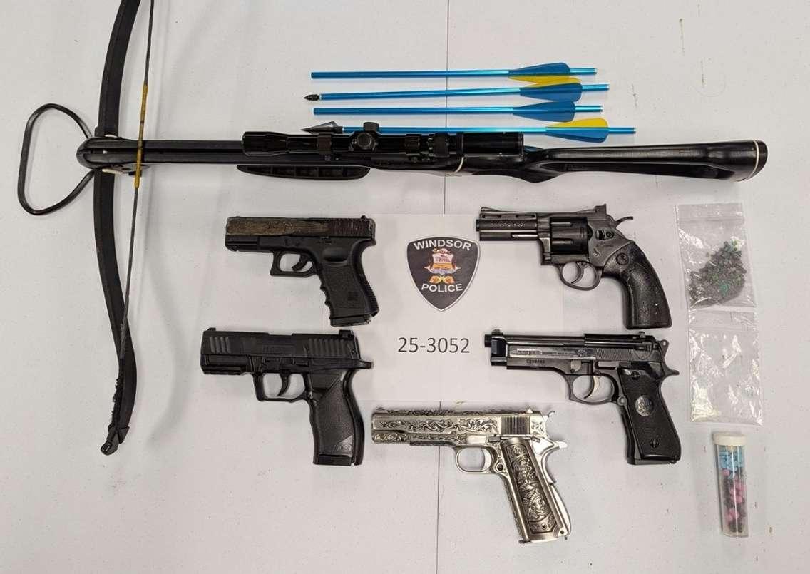 A crossbow and other weapons seized by Windsor police on January 17, 2025. Photo provided by Windsor police.