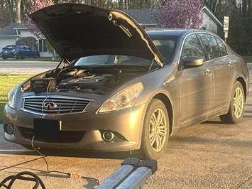 An image of a 2012 Infinity G37X, stolen from a driveway on Laurier Drive in LaSalle on October 8, 2024. Photo provided by LaSalle police