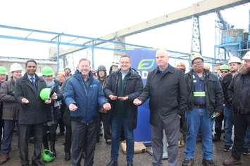 Steve Salmons from Port Windsor, Windsor-Tecumseh MP Irek Kusmierczyk and ADM GM Kevin Wright announce funding for expansion of the grain terminal, January 11, 2024. (Photo by Maureen Revait)