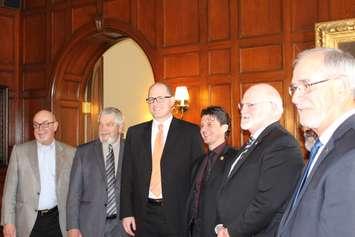 (from left to right) Tecumseh Mayor Gary McNamara, Lakeshore Mayor Tom Bain, Windsor Mayor Drew Dilkens, Amherstburg Mayor Aldo DiCarlo, Leamington Mayor John Paterson and LaSalle Mayor Ken Antaya March 10, 2015.  (Photo by Adelle Loiselle)