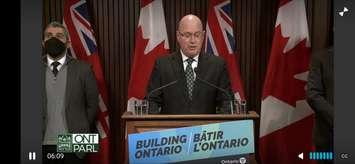 Ontario Minister of Municipal Affairs and Housing Steve Clark announces the introduction of the More Homes for Everyone Act at Queens Park, Toronto, March 30, 2022. Image courtesy Ontario Parliament.