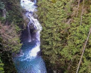 A waterfall is shown from the suspension bridge at Lynn Canyon Park in North Vancouver, BC. Photo courtesy Lynn Canyon Ecology Centre official website.
