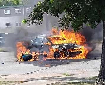 A fiery crash at the Indian Road and Talfourd Street intersection - Aug 8/25 (Photo courtesy of Sarnia Fire Rescue via Facebook)