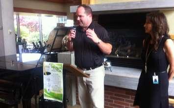 Dan Hogan speaks to a crowd at the Windsor Regional Hospital Cancer Centre. May 21, 2014. (Photo by Mike Vlasveld)