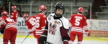 Chatham Maroons defenceman Jack Zekelman warms up ahead of a game against the Leamington Flyers. October 2018. (Photo by Matt Weverink)