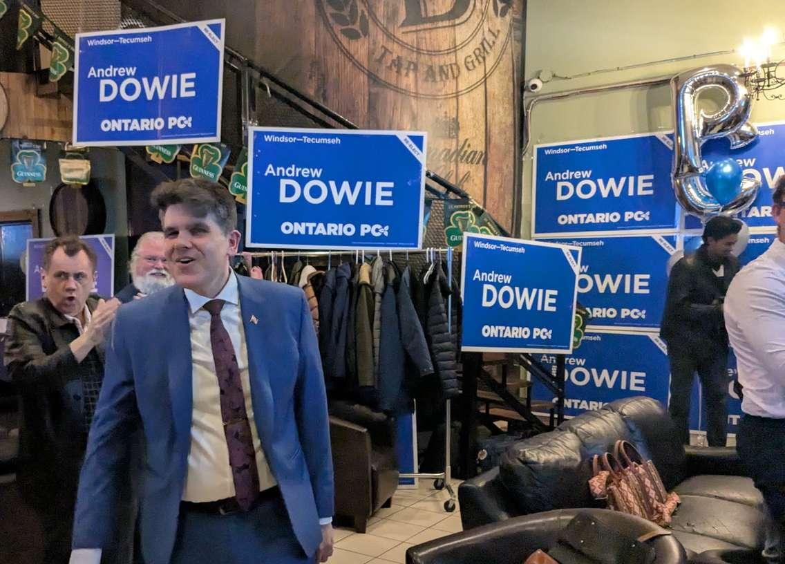 Windsor-Tecumseh MPP Andrew Dowie celebrates upon learning of his re-election at the Bourbon Tap and Grill in Tecumseh, February 27, 2025. Photo by Mark Brown/WindsorNewsToday.ca.