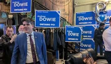 Windsor-Tecumseh MPP Andrew Dowie celebrates upon learning of his re-election at the Bourbon Tap and Grill in Tecumseh, February 27, 2025. Photo by Mark Brown/WindsorNewsToday.ca.