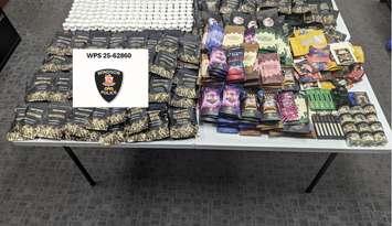 Suspected magic mushroom products seized from a downtown Windsor dispensary are shown at police headquarters on June 24, 2025. Photo provided by Windsor police.