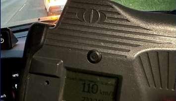 A radar reading inside a LaSalle police cruiser showing a speed of 110 km/h, May 17, 2025. Photo provided by LaSalle police.