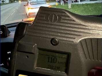 A radar reading inside a LaSalle police cruiser showing a speed of 110 km/h, May 17, 2025. Photo provided by LaSalle police.