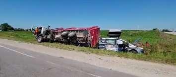 A minivan and tractor trailer collided at the intersection of Egremont Drive and Kerwood Road, injuring five people, August 19, 2021. Photo courtesy of West Region OPP.