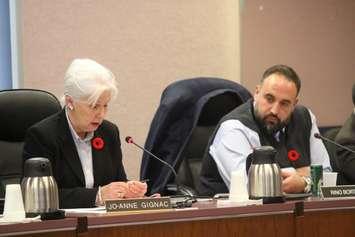 Windsor Ward 6 Councillor Jo-Anne Gignac introduces a motion as Ward 3 Councillor Rino Bortolin looks on at council's meeting November 6, 2017. Photo by Mark Brown/Blackburn News