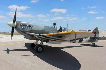 The Roseland Spitfire lands at Windsor International Airport on its way to Oshkosh, Wisconsin, July 19, 2018. (Photo by Mark Brown, Blackburn News)