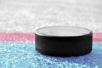 A hockey puck on an ice surface. © Can Stock Photo / vencavolrab